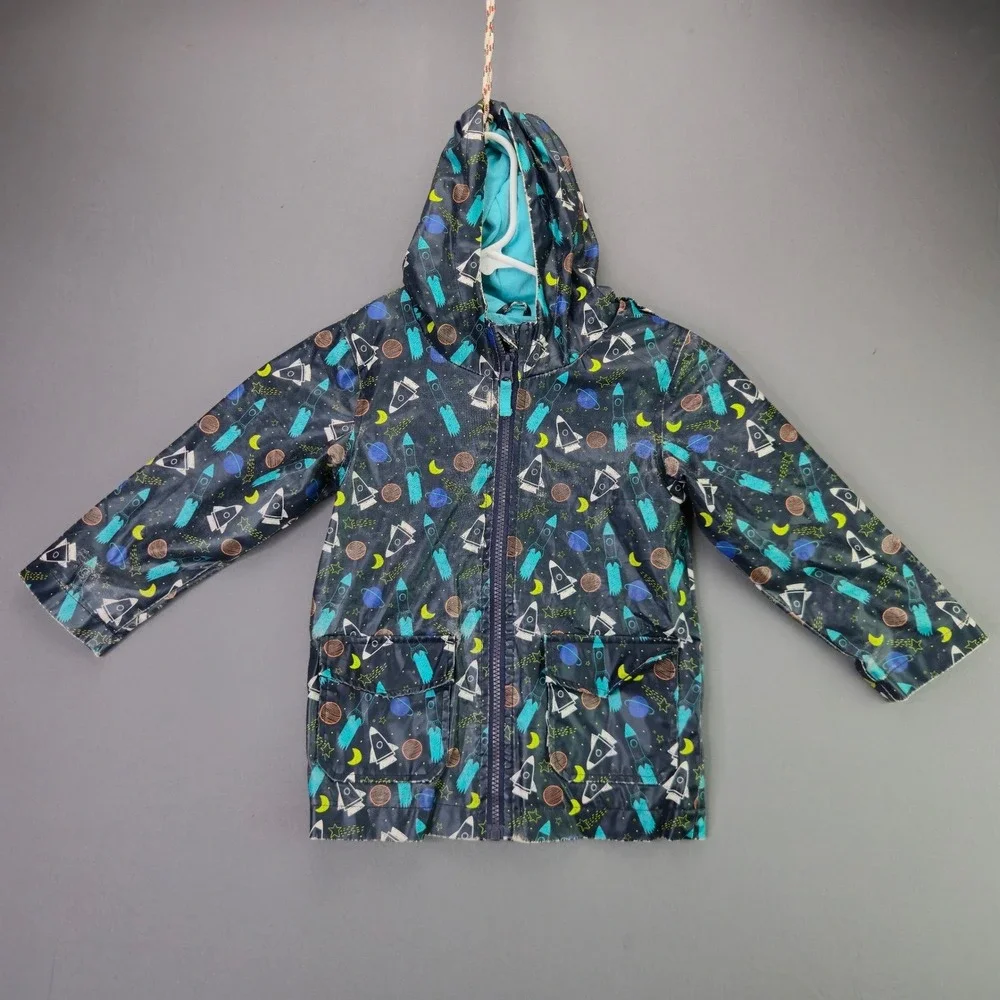 Cat & Jack Rain Jacket Space Rocket Ship 3T Blue Hooded Windbreaker Lined Pocket